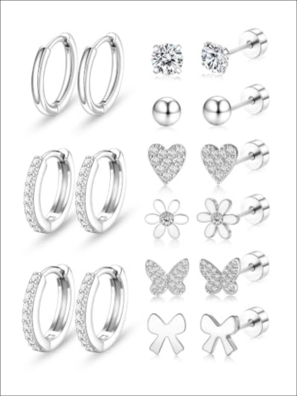 Flat Back Stud Earrings Hypoallergenic Silver Plated Set for Women